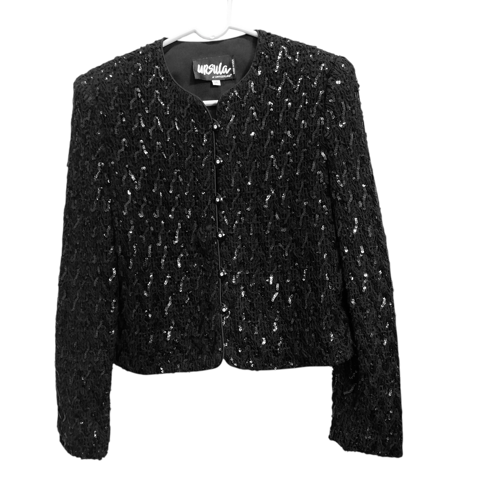 VTG Minimalist Ursula of Switzerland Black Cropped Sequin Crochet Blazer Sz-14